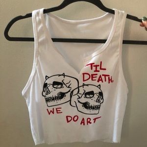 y2k graphic cropped tank top ‘til death we do art’